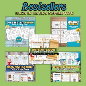 May include: An assortment of Bible-themed activity pages and escape room puzzles. The image features several bundles, including "God Says I Am Bundle," "Creation Bundle," "Egyptian Plagues Bible Escape Room," "Noah and the Flood Bible Escape Room," and "Jonah and the Whale Bible Escape Room."