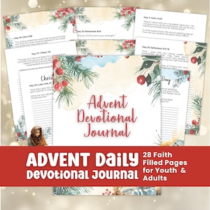 Może przedstawiać: Advent Daily Devotional Journal z 28 stronami wypełnionymi wiarą dla młodzieży i dorosłych. Dziennik zawiera strony z wersetami biblijnymi i podpowiedziami, z świątecznym wzorem gałęzi wiecznie zielonych i czerwonych jagód.