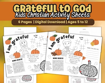 May include: Christian activity sheets for kids with the text "Grateful to God." The sheets feature illustrations of pumpkins, children, and word searches. The text includes "I am grateful" and "Psalm 9:1."