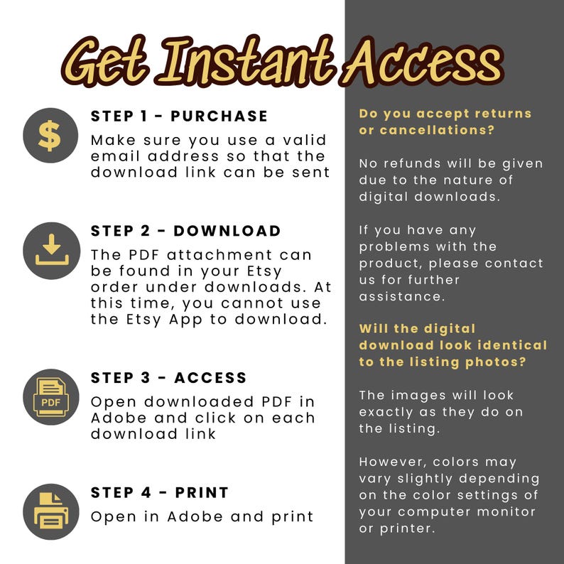 May include: A graphic with four steps to access a digital download. The steps are purchase, download, access, and print. The graphic includes icons for each step, such as a dollar sign, a download arrow, a PDF file, and a printer. The graphic also includes text explaining the steps and frequently asked questions about digital downloads.