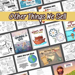 May include: A collage of printable coloring pages and activity books for kids featuring themes like Noah's Ark, the Bible, and God. The title "Other Things We Sell" is displayed in a yellow banner.