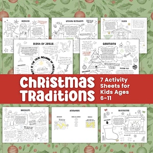 May include: A collection of seven black and white activity sheets for kids ages 6-11, featuring Christmas traditions from around the world. The sheets include coloring pages, mazes, and information about Christmas customs.