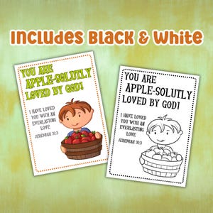 May include: Two illustrated cards with the text "YOU ARE APPLE-SOLUTLY LOVED BY GOD!" and "I HAVE LOVED YOU WITH AN EVERLASTING LOVE JEREMIAH 31:3". One card is colored, the other is black and white. The cards feature a cartoon child holding a basket of apples.