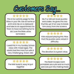 May include: A green background with white boxes containing customer reviews. The reviews are about a fun activity page, puzzles, and escape room printables. The text includes phrases like "fun activity," "puzzles and codes," and "cute printables."