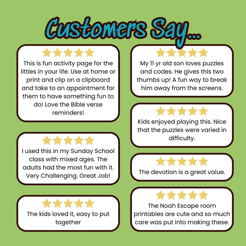 May include: A green background with white boxes containing customer reviews. The reviews are about a fun activity page, puzzles, and escape room printables. The text includes phrases like "fun activity," "puzzles and codes," and "cute printables."