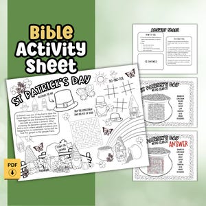 May include: A black and white Bible Activity Sheet for St. Patrick's Day. The sheet includes a word search, tic-tac-toe, a maze, and other activities. The PDF download is available.