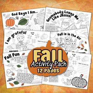 May include: A Fall Activity Pack with 12 pages of coloring pages, word searches, mazes, and tic-tac-toe games. The cover features a pumpkin shape with the words "Fall Activity Pack" in orange and black. The pages have fall-themed illustrations.