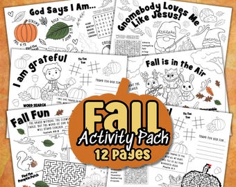 May include: A Fall Activity Pack with 12 pages of coloring pages, word searches, mazes, and tic-tac-toe games. The cover features a pumpkin shape with the words "Fall Activity Pack" in orange and black. The pages have fall-themed illustrations.