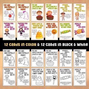 May include: A set of 24 cards, 12 in color and 12 in black and white, with Halloween-themed illustrations and inspirational quotes. The cards feature ghosts, mummies, and candy corn, with text like "You are Boo-tifully Made!" and "God's Love is Sweeter Than Candy Corn!"