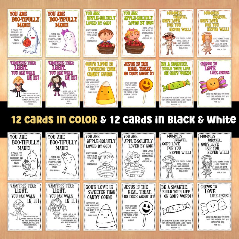 May include: A set of 24 cards, 12 in color and 12 in black and white, with Halloween-themed illustrations and inspirational quotes. The cards feature ghosts, mummies, and candy corn, with text like "You are Boo-tifully Made!" and "God's Love is Sweeter Than Candy Corn!"