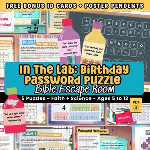 Może przedstawiać: Kolorowa gra edukacyjna zatytułowana "In The Lab: Birthday Password Puzzle Bible Escape Room" z różnymi łamigłówkami, kartami identyfikacyjnymi i wisiorkami na plakaty. Gra przeznaczona jest dla dzieci w wieku 5-12 lat i zawiera wersety biblijne i tematy naukowe.