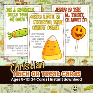 May include: Christian Trick or Treat cards for children aged 5-12. The cards display colourful illustrations of sweets and lollipops with Bible verses and positive messages. Available as an instant download.