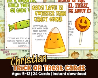 Könnte beinhalten: Christliche Trick or Treat Karten für Kinder im Alter von 5-12 Jahren. Die Karten zeigen farbenfrohe Illustrationen von Süßigkeiten und Lollis mit Bibelversen und positiven Botschaften. Sofortiger Download.