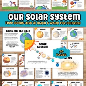 Puede incluir: Un gráfico educativo colorido sobre nuestro sistema solar con ilustraciones de planetas, el sol y un agujero negro. El gráfico incluye texto sobre los planetas y el sistema solar. El gráfico está titulado "Nuestro sistema solar" e incluye el texto "Bono gratis: También en blanco y negro para colorear".