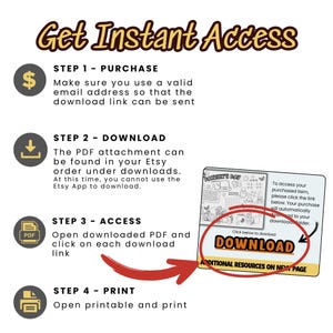 May include: An illustrated guide with the text "Get Instant Access" and instructions for downloading a PDF. Steps include purchase, download, access, and print, with a red arrow pointing to a download button.