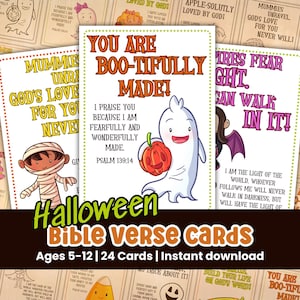 May include: A collection of Halloween-themed Bible verse cards. The cards feature cartoon illustrations of a mummy, a ghost holding a pumpkin, and a bat. The text on the cards includes phrases like "You are Boo-tifully Made!" and "Mummies Unravel".