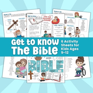 May include: A collection of six activity sheets for kids ages 9-12, designed to help them learn about the Bible. The sheets feature colorful illustrations, text, and interactive elements. The title "Get to Know The Bible" is prominently displayed.