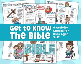 May include: Six activity sheets for children aged 9-12, designed to teach them about the Bible. The sheets include colourful illustrations, text, and interactive elements. The title "Get to Know The Bible" is displayed prominently.