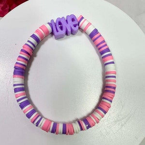Pink & Purple Love Heishi Bracelet, Stackable Bracelet, Stretch Bracelet, Boho Bracelet, Beach Bracelet, Clay Bead Bracelets, Colorful