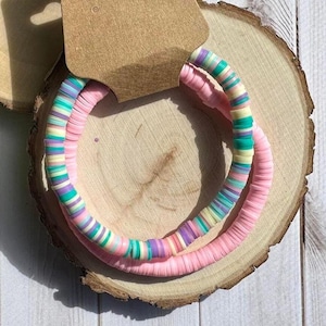 Pink & "Pastel" Mix Heishi Bead Bracelet Set, stackable bracelet, simple bracelet, heishi bead bracelet, clay beads