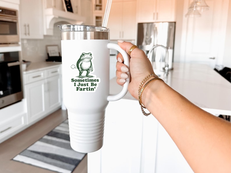 May include: White insulated tumbler with a handle, a silver lid, and a clear straw. The tumbler features a green cartoon frog graphic with the text "Sometimes I Just Be Fartin'." The tumbler is held by a person.