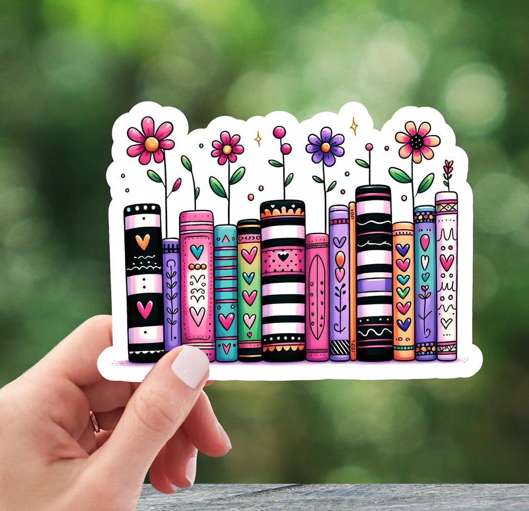 Stacked Books and Flowers Sticker - Etsy