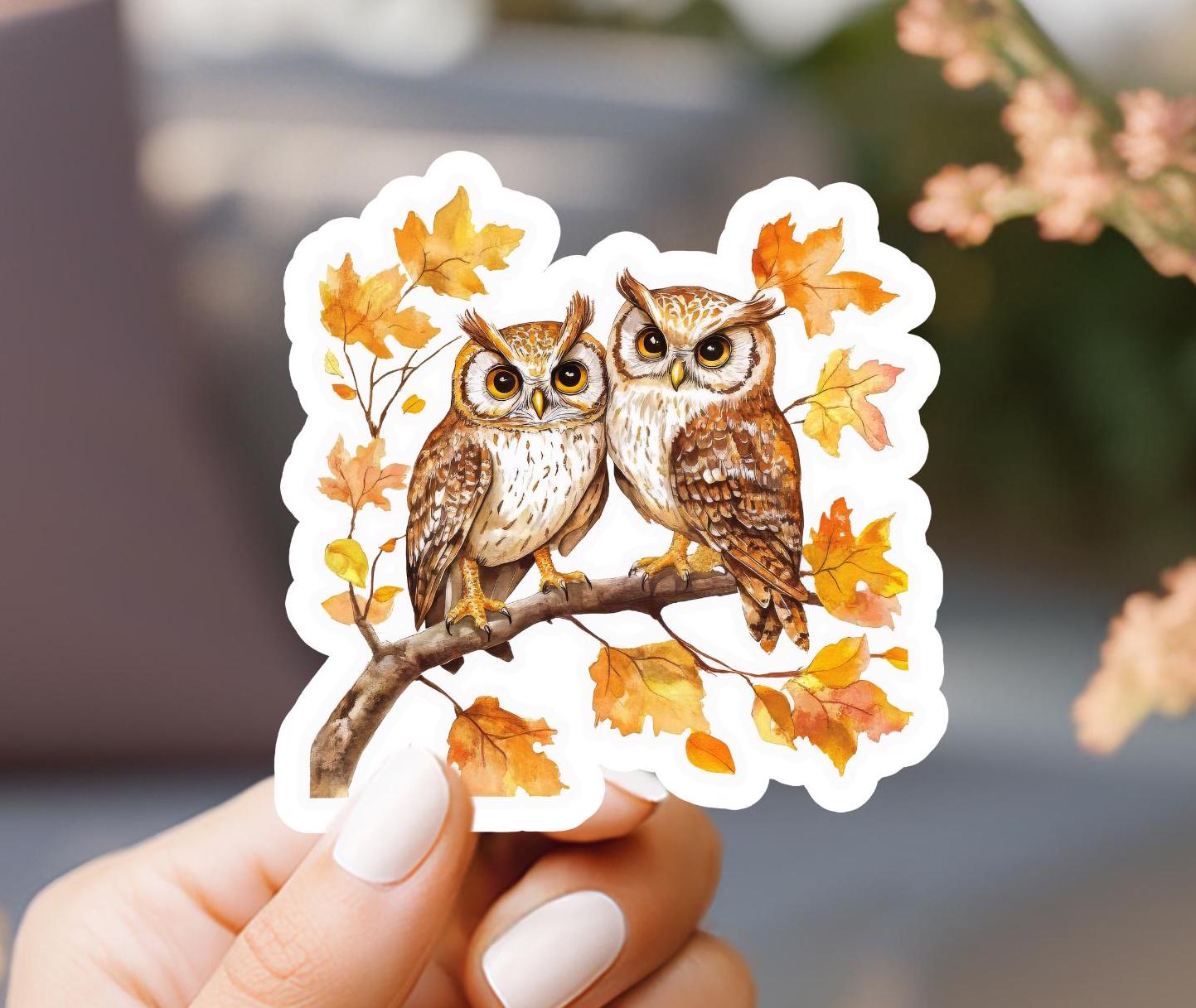 Fall Owls Vinyl Sticker: Water Resistant Laptop Decal