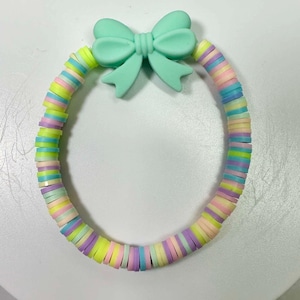 Pastel Bow Heishi Bracelet, Stackable Bracelet, Stretch Bracelet, Boho Bracelet, Beach Bracelet, Clay Bead Bracelets, Colorful Bracelet
