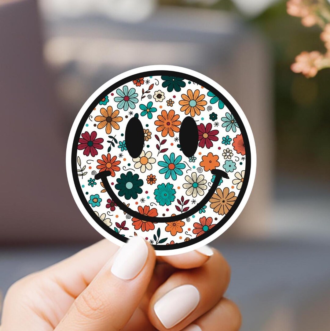 Boho Floral Smiley Face Sticker, Laptop Sticker, Kindle Sticker, Water ...