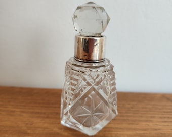 Victorian antique scent bottle, Birmingham 1887 Vintage silver topped with decretive silver and glass stopper, Vanity Jar.