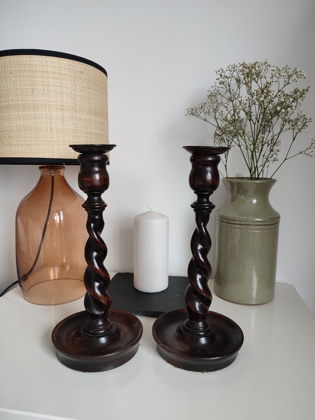 Pair of Antique Oak Barley Twist Candlesticks Etsy