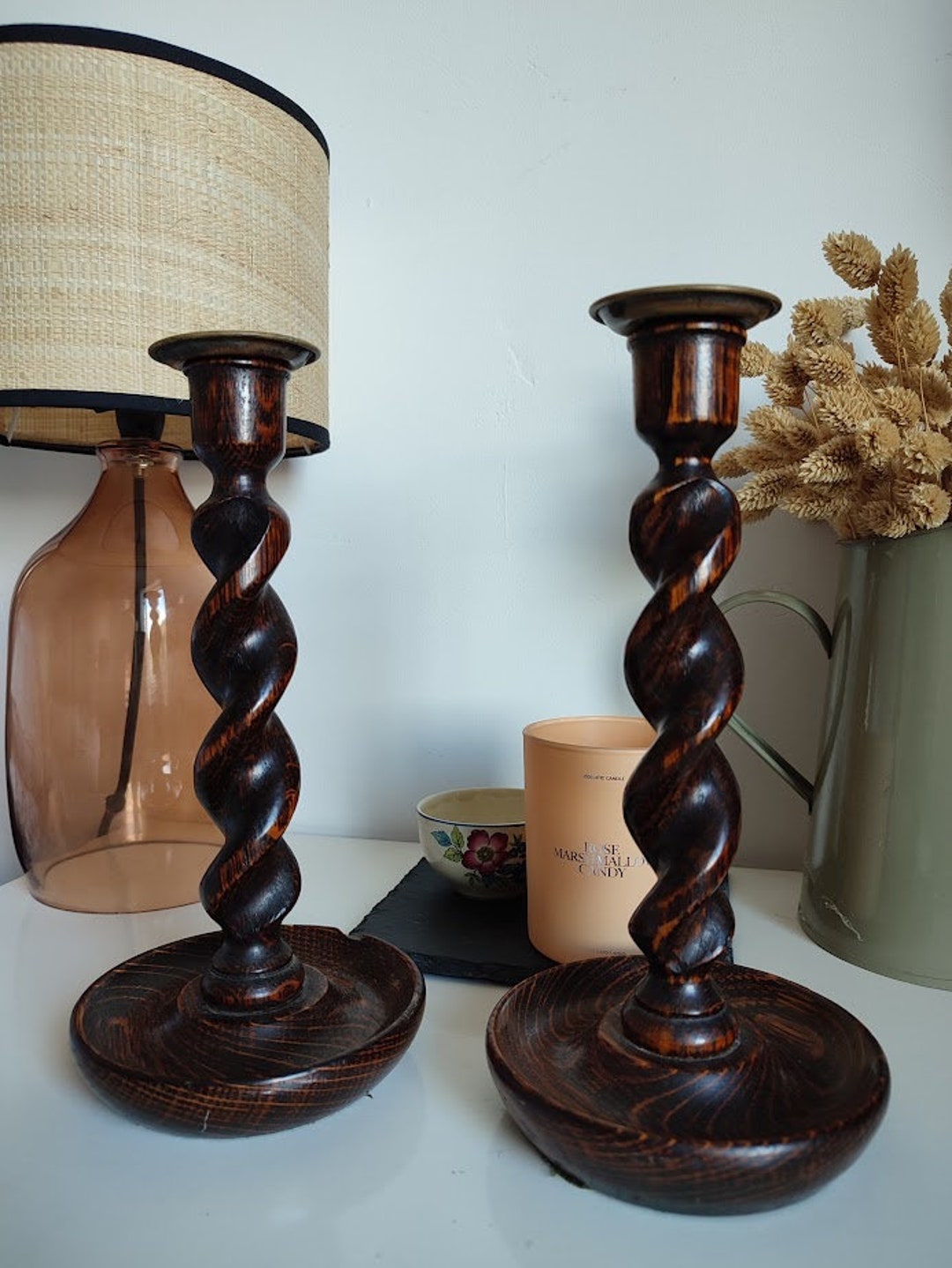 Pair of Antique Oak Barley Twist Candlesticks Etsy