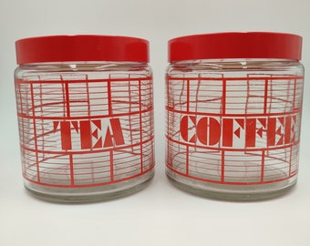 Coffee Tea Vintage Geometric Grid Design Kitchen Containers by CLP, Retro 1980s Cannisters