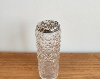 Edwardian antique Vanity Jar, Birmingham, 1905 Vintage silver topped cut glass bottle. Made by Boots Pure Drug Company