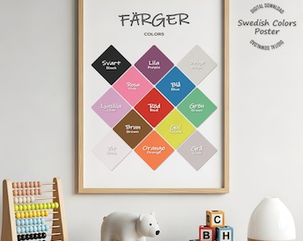 Swedish Colors Chart, Scandinavian Bilingual Color Learning Montessori Poster, Preschool Playroom Decor, Digital Download