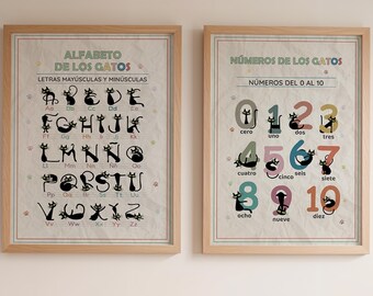Spanish Black Cat Alphabet Number Posters, Kids Nursery Decor (Digital Download)