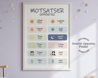 Swedish Opposites Reading Poster, Bilingual Scandinavian Style Back To School Classroom Decor, Digital Download