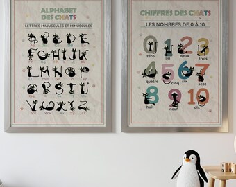French Black Cat Alphabet Number Posters | Montessori Classroom Learning (Digital Download)