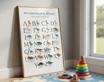 Dinosaur Alphabet Print, Boys Bedroom Decor and Educational Classroom Decoration (Digital Download)