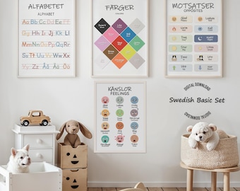 Swedish Alphabet Colors Opposites Feelings Classroom Decor Bundle, Scandinavian Bilingual Educational Posters, Digital Download