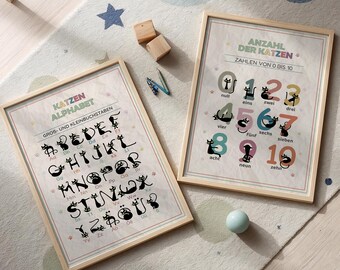 German Cat Alphabet and Counting Number Posters, Educational Kindergarten Classroom Art (Digital Download)