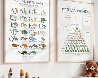 Dinosaur Alphabet & Numbers Set | Kids Nursery Playroom Decor, Preschool Classroom Printables (Digital Download)