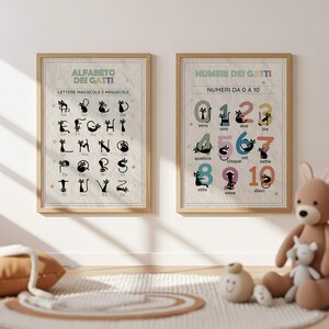 Op de afbeelding: Twee ingelijste educatieve posters. Eén toont het alfabet met kattenillustraties, de andere toont de getallen 0-10 met kattenillustraties. Beide posters hebben een beige achtergrond en zitten in houten frames.