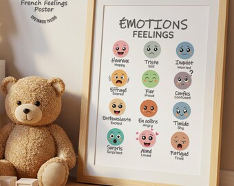 French Feelings Chart Toddler, Preschool Curriculum Back to School Bilingual Classroom Decor, Digital Download