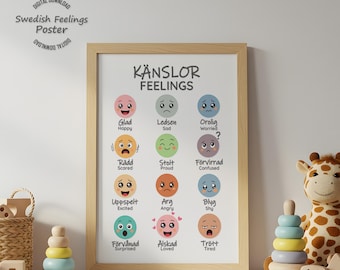 Swedish Feelings Digital Download Print, Nordic Emotions Chart for Toddler Poster, Montessori Playroom Decor