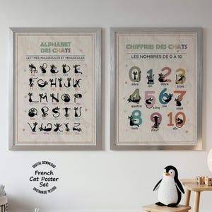 Könnte beinhalten: Zwei gerahmte Lernposter mit hellbeigem, strukturiertem Hintergrund. Das linke Poster zeigt das Alphabet mit schwarzen Katzenillustrationen für jeden Buchstaben. Das rechte Poster zeigt die Zahlen von null bis zehn, jeweils mit einer Katze.