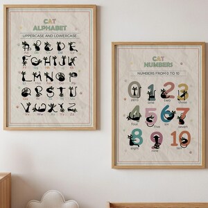 Op de afbeelding: Twee ingelijste educatieve prints. Eén toont het alfabet met kattenillustraties, de andere toont de getallen 0-10, eveneens met kattenillustraties. Beide prints hebben een beige achtergrond en zitten in houten frames.