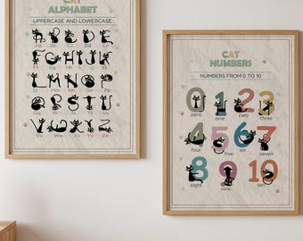 Cat Alphabet and Numbers Prints, Kindergarten Classroom Decoration (Digital Download)