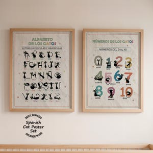 Könnte beinhalten: Zwei gerahmte Lernposter mit schwarzen Katzenillustrationen. Das linke Poster zeigt das spanische Alphabet mit Groß- und Kleinbuchstaben. Das rechte Poster zeigt die Zahlen von null bis zehn, jeweils kombiniert mit einer Katzengrafik.