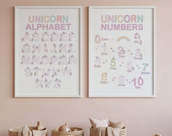 Unicorn Alphabet Numbers Print Set – Kids Nursery, Preschool Classroom Decor (Digital Download)